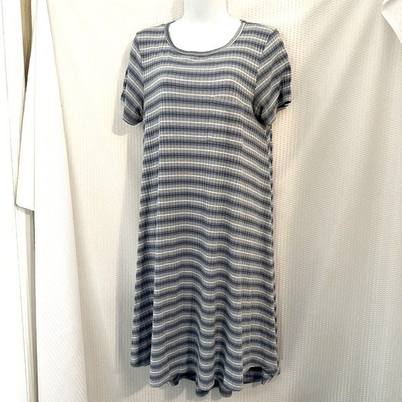 LuLaRoe Womens Gray White Striped Short Sleeve Hi-Lo Dress - Picture 1 of 5